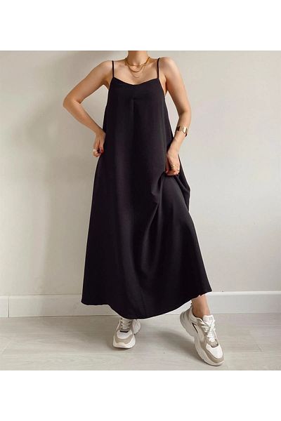 bymaestro woman Μαύρο φόρεμα βισκόζης Loose Cut Thin Strap Long