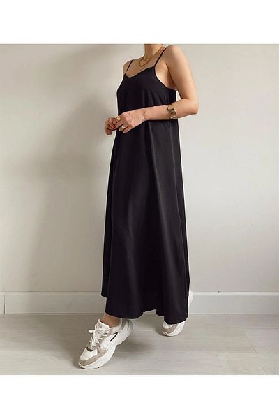 bymaestro woman Μαύρο φόρεμα βισκόζης Loose Cut Thin Strap Long