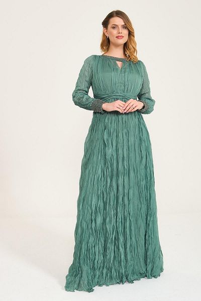 SpringStore Green Collar and Cuffs Beaded Evening Dress