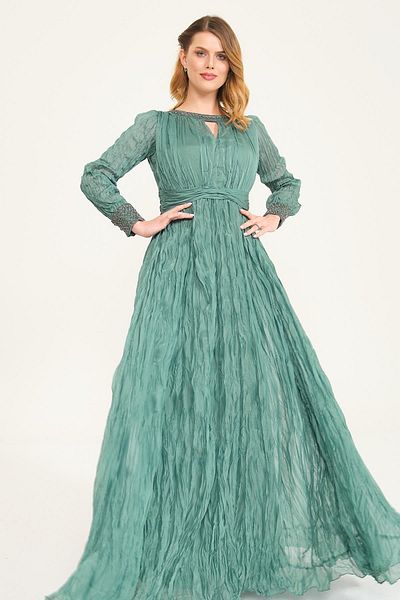 SpringStore Green Collar and Cuffs Beaded Evening Dress