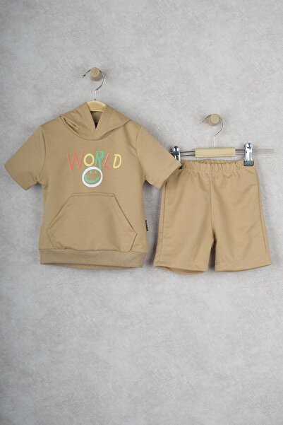 BUUFUU World Smiling Face Hooded Kids' Double Set with Kangaroo Pocket Shorts