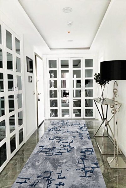 ARBESE Mavi Gri Kaymaz Tabanlı Kesme Yolluk Koridor Mutfak Salon Halısı