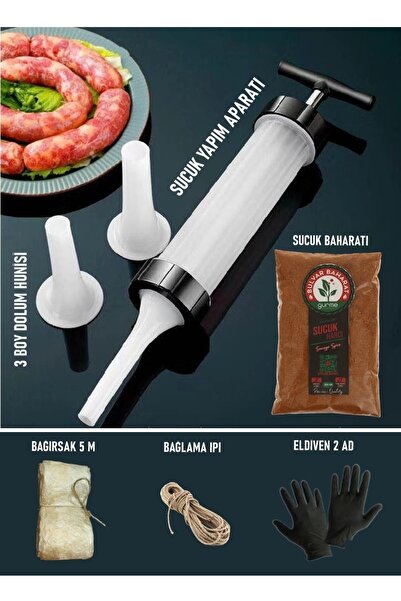 Bulvar Baharat Gurme Geleneksel Sucuk Yapım Seti sucuk Yapım Aparat+380g Sucuk Baharatı 5m Bağırsak bağlama Ipi eldiven