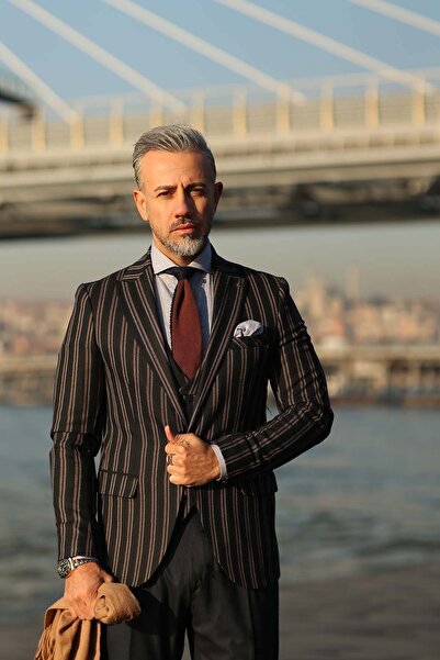 Fc Plus Erkek Siyah Çizgili Kombinli Yelekli Ceket