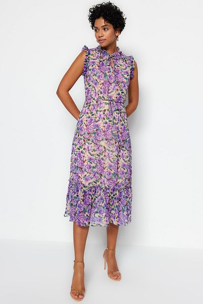 Trendyol Collection Többszínű virágmintás A-szabású Midi bélelt sifon szőtt ruha TWOSS23EL01840