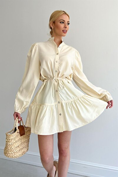 MYA Kadın Boydan Düğmeli Beli Ipli Dokuma Elbise, Poplin Elbise