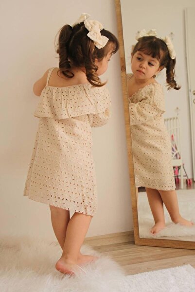 meqlife Kız Çocuk Yarasa Kol Güpürlü Elbise Camel