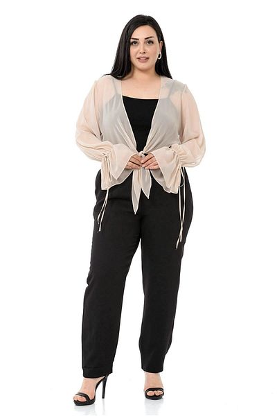 DISENTIS MODEST Plus Size Sleeve Detailed Tied Front Chiffon Beige Bolero