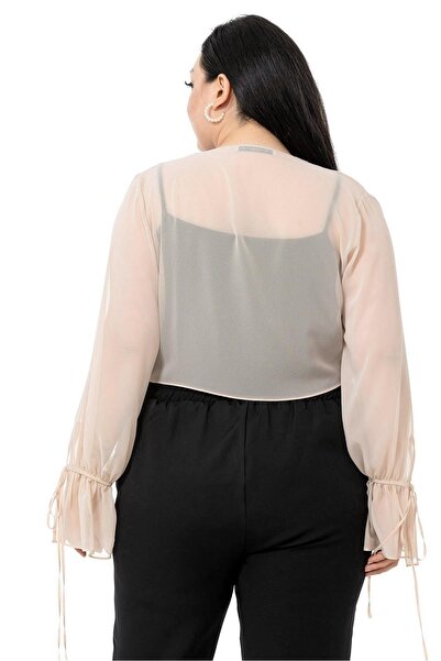 DISENTIS MODEST Plus Size Sleeve Detailed Tied Front Chiffon Beige Bolero