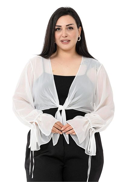 DISENTIS MODEST Plus Size Sleeve Detailed Tied Front Chiffon White Bolero
