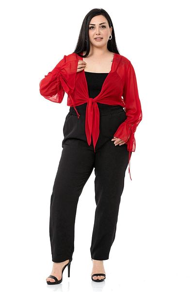 DISENTIS MODEST Plus Size Sleeve Detailed Tied Front Chiffon Red Bolero