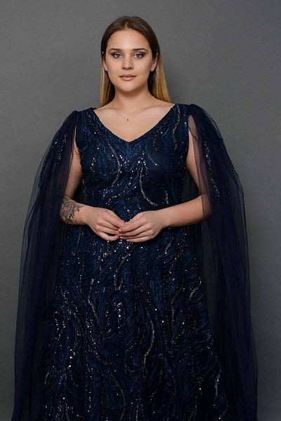 2K&M Bead Embroidered Sequined Long Sleeve Detailed Plus Size Evening Dress