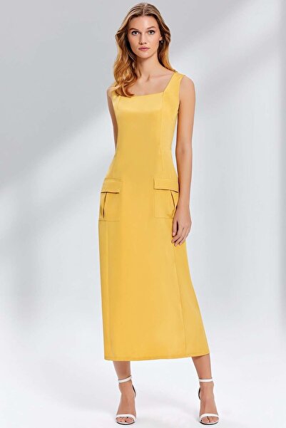 Guitar Kare Yaka Sarı Dokuma Elbise