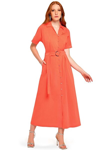 Guitar V Yaka Turuncu Poplin Elbise