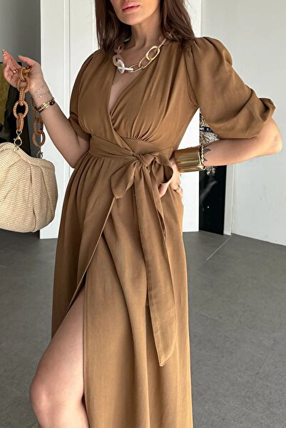 Ortaya Çık Brown Double Breasted Tie Linen Dress