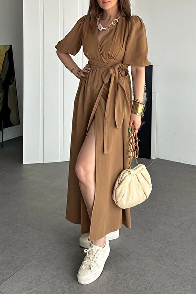 Ortaya Çık Brown Double Breasted Tie Linen Dress