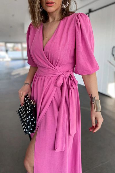 Ortaya Çık Pink Double Breasted Tie Linen Dress