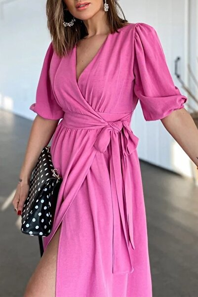 Ortaya Çık Pink Double Breasted Tie Linen Dress
