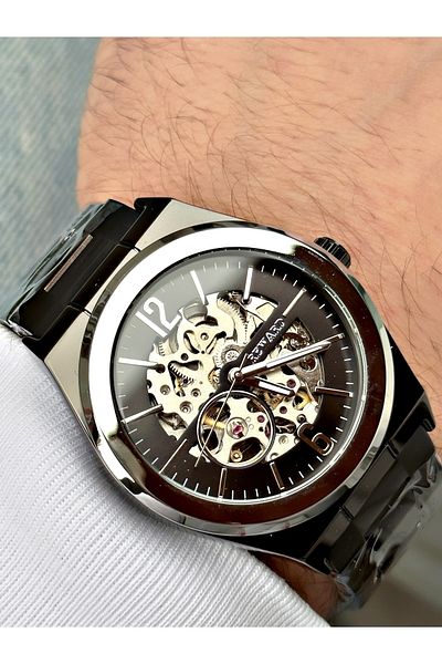 Reward Black Color Metal Strap Automatic Business Men's Wristwatch + Bracelet Gift