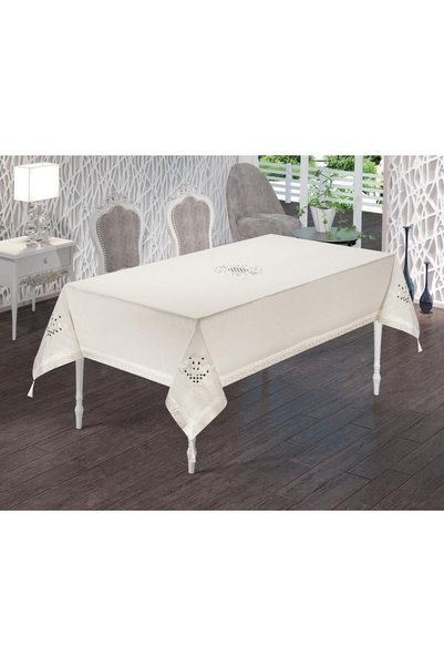 Lamazihome Cream Tulip Embroidered Dartless Table Cloth with Tassels