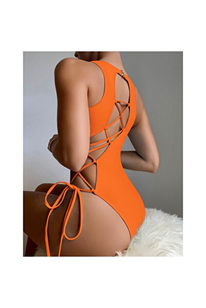 Ladyrosi Orange One Piece Women's Swimsuit with Rope Detail
