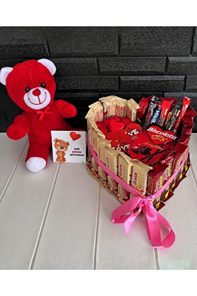 lenostra Eşe - Sevgiliye Hediye Kalp Temalı Bol Çikolatalı Kırmızı Ayıcıklı H...
