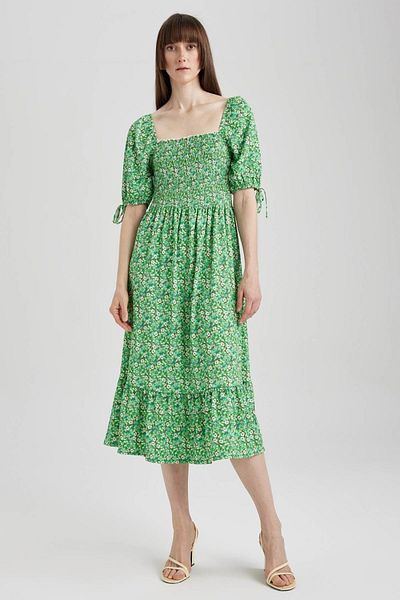 DeFacto Square Neck Floral Midi Short Sleeve Short Sleeve Dress Y7034az23hs