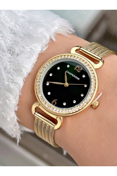 Chaperone Altın Renk Hasır Çelik Kordon Klasik Kadın Kol Saati + Bileklik Hed...
