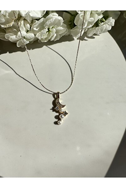 Claritas Takı قلادة نسائية على شكل هلال مطلية بالذهب وحجر الزركون الأبيض واللؤلؤ