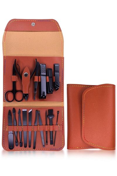 MUJGAN 16 Piece Manicure Set with Brown Leather Bag