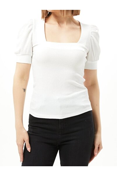 ZY BUTİK White Short Sleeve Square Neck Blouse