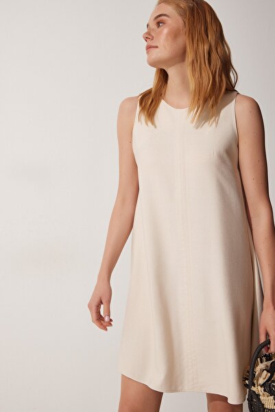 Happiness İstanbul Dámské krémové letní tkané šaty A-Line BF00067