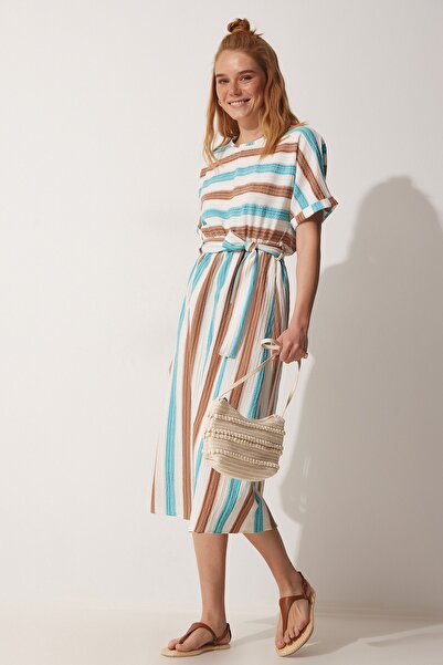 Happiness İstanbul Blaubraun gestreiftes Sommerstrickkleid mit Gürtel für Damen DD01214