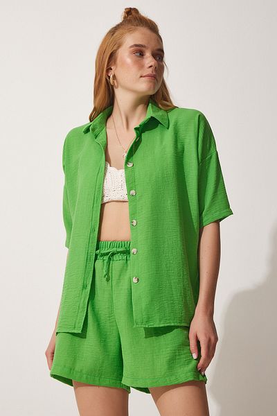 Happiness İstanbul Women's Green Summer Linen Shirt Shorts Set CI00082