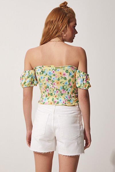 Happiness İstanbul Női sárga nyomattal ellátott Crop Viscose kötött póló UB00084