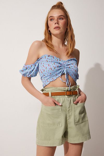 Happiness İstanbul Blau bedrucktes Crop-Viskose-Strick-T-Shirt für Damen UB00084