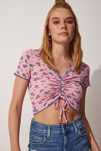 Happiness İstanbul Γυναικεία πλεκτή μπλούζα ροζ Floral Gathered Crop UB00086