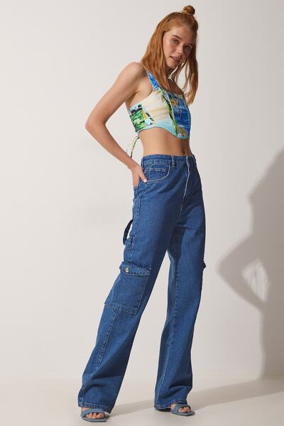 Happiness İstanbul Women's Blue Medium Waist Wide Leg Cargo Jean RH00020