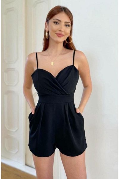 rengamoda Women's Black, Strappy Double Breasted Collar Shorts Jumpsuit