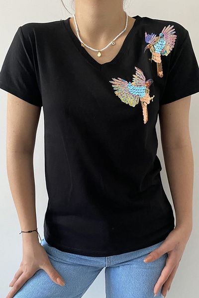 FEMELLE Tricou de damă, negru, mărime mare, cu decolteu în V, cu umăr, cu paiete, brodat din bumbac, cu paiete