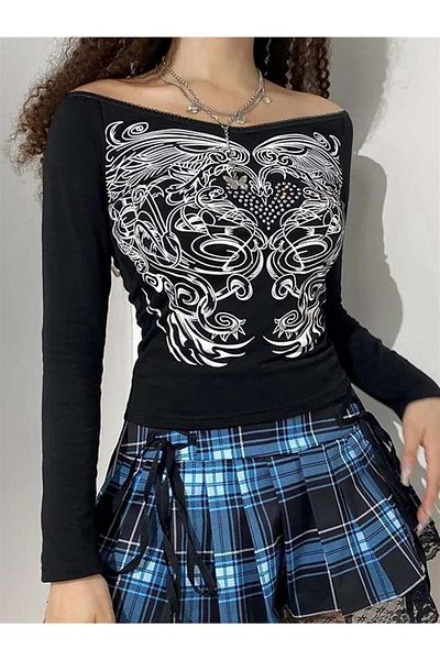 Planet Butik Vintage Flowers Pattern Black Long Sleeve Crop