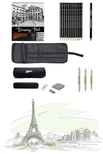 GLANCE Sketchbook A5 120 Gr 50 Yp Cretacolor Graduated Pencil Studioline Sketch Drawing Set with Bag