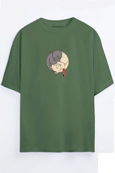 Harmandar T-shirt Ying Yang Cat Printed Unisex Khaki Oversize
