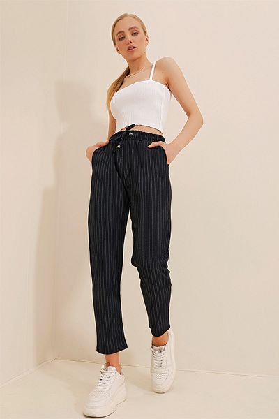 Trend Alaçatı Stili Women's Navy Blue High Waist Double Pocket Striped Casual Cut Trousers ALC-X10430