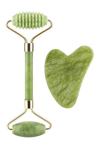 İLTERUS Yeşim Face Roller (BİR TARAFI TIRTIKLI) Ve Yeşim Kalp Gua Sha Set