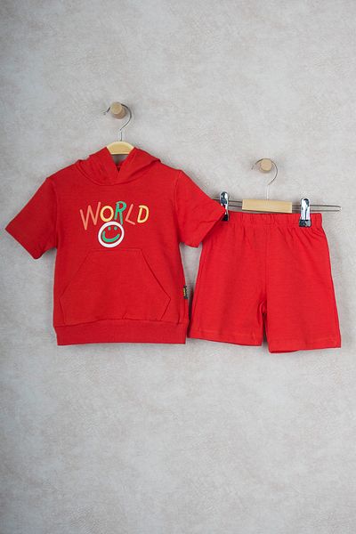 BUUFUU World Smiling Face Hooded Kids' Double Set with Kangaroo Pocket Shorts
