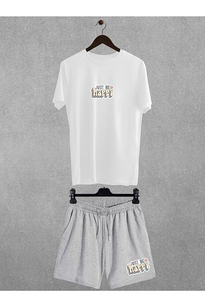 Pear Wear Happy Printed Oversize T-Shirt Regular Fit Shorts T-Shirt Shorts Double Set