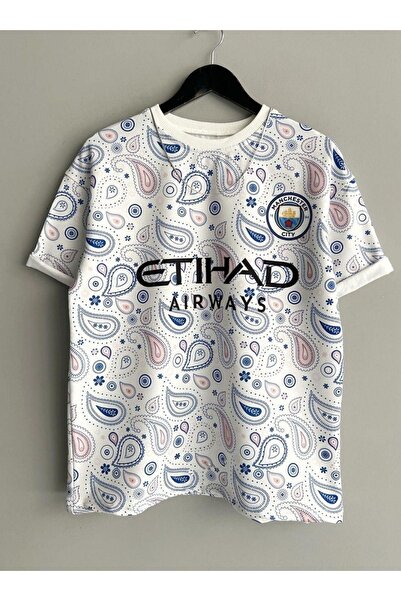 Benisengiydir قميص مانشستر سيتي ذو الرقبة الدائرية باللون الأزرق والأبيض للرجال