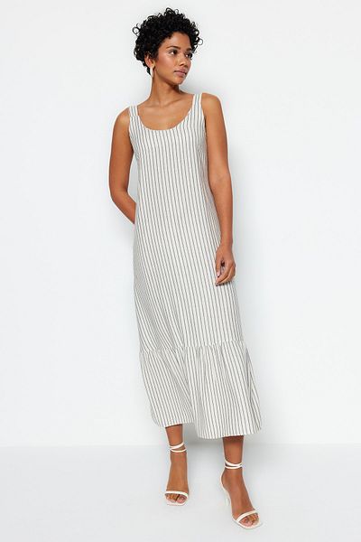 Trendyol Collection Ткана сукня міді з квадратним вирізом TWOSS23EL02346 в смужку в екрю з прямим кроєм і квадратним вирізом TWOSS23EL02346