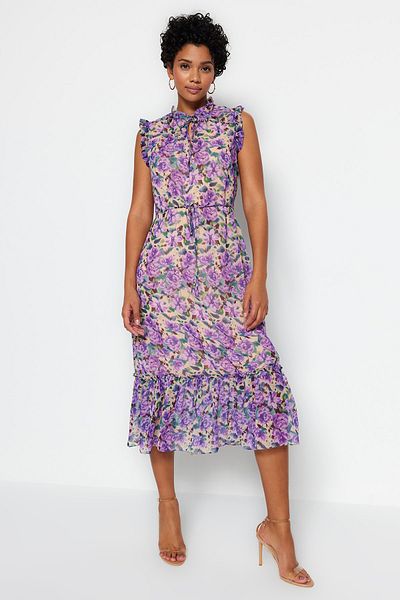 Trendyol Collection Többszínű virágmintás A-szabású Midi bélelt sifon szőtt ruha TWOSS23EL01840